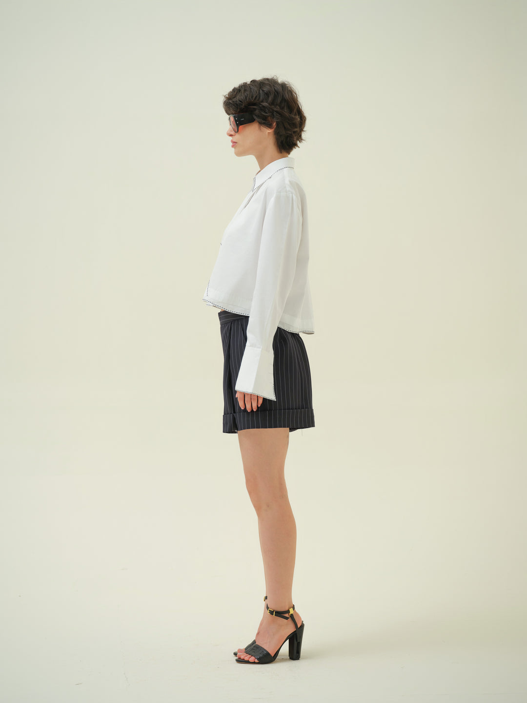Eira - White Katha Stitch Crop Shirt