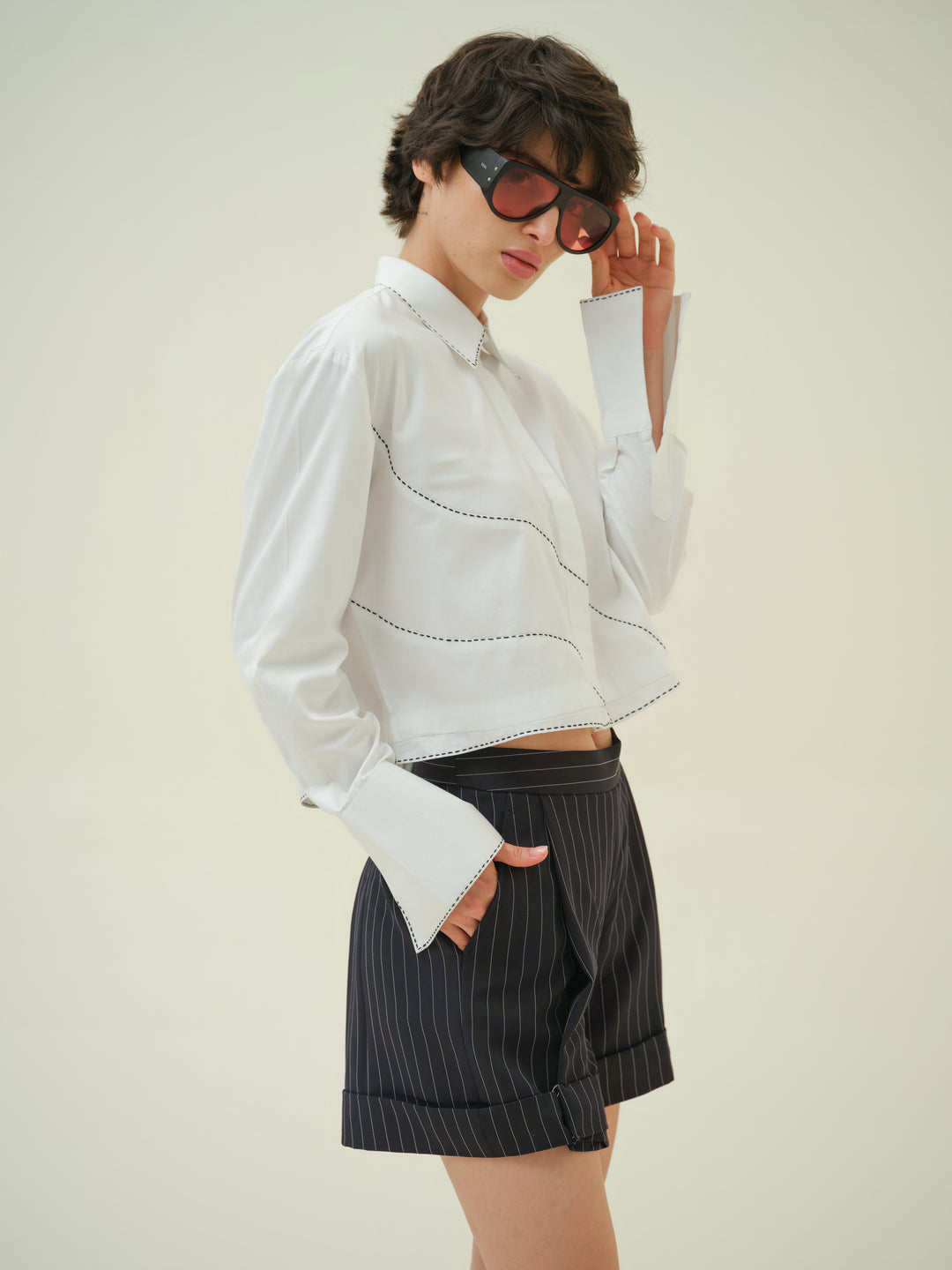 Eira - White Katha Stitch Crop Shirt