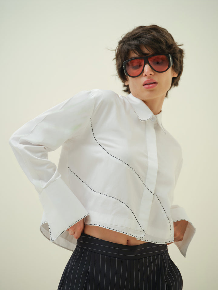 Eira - White Katha Stitch Crop Shirt