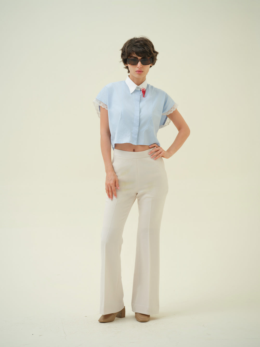 Blair - Blue Crystal Collar Crop Shirt