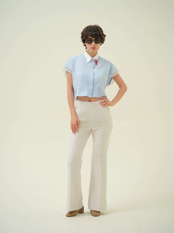 Blair - Blue Crystal Collar Crop Shirt