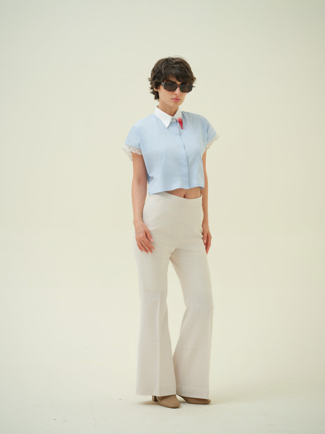 Blair - Blue Crystal Collar Crop Shirt