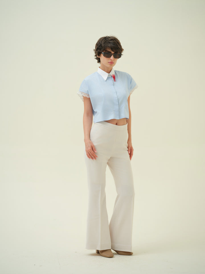 Blair - Blue Crystal Collar Crop Shirt