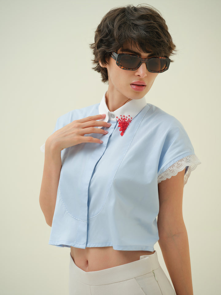 Blair - Blue Crystal Collar Crop Shirt