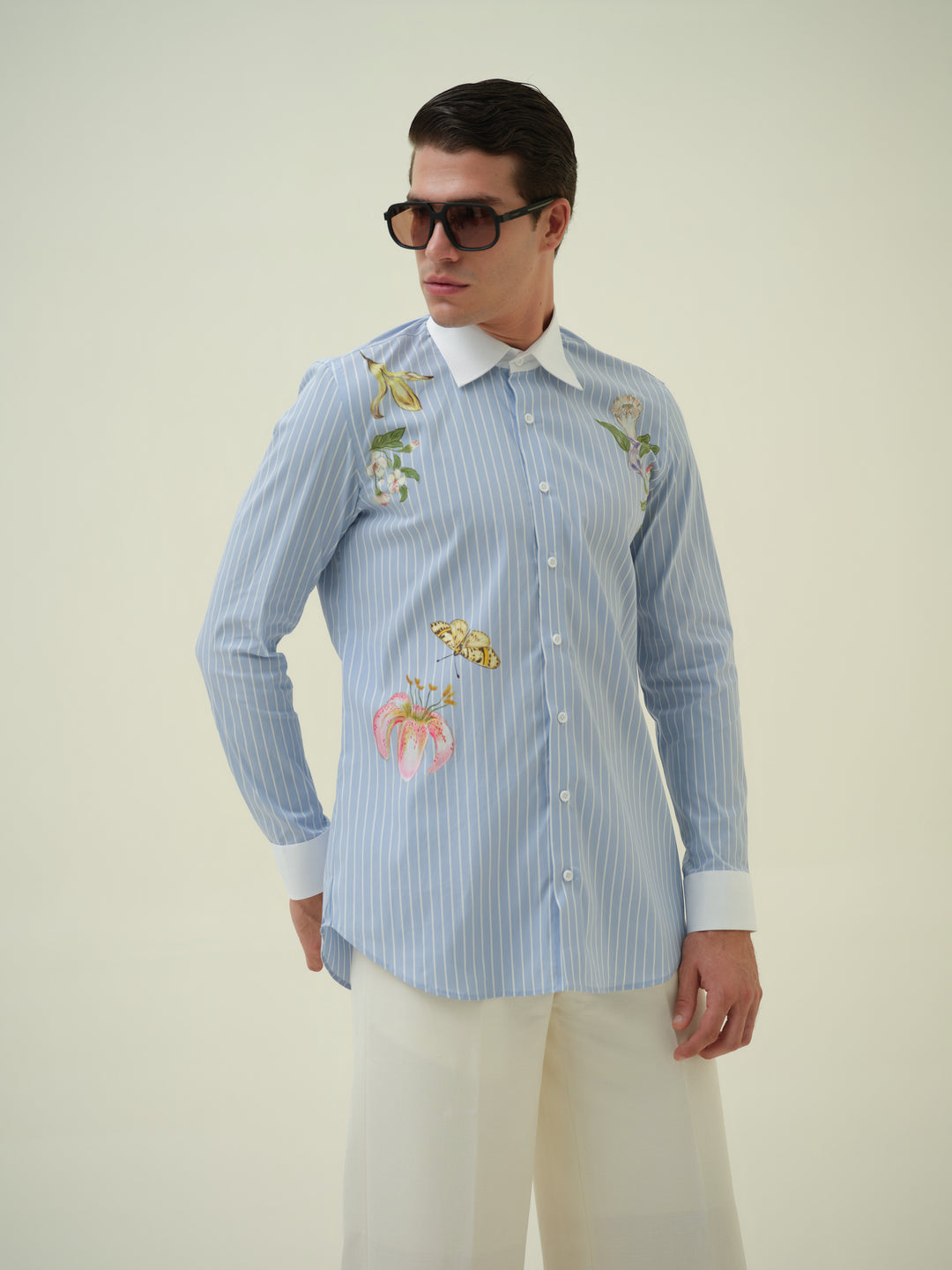 Bloom Moth - Blue Stripe Hand Painted Shirt