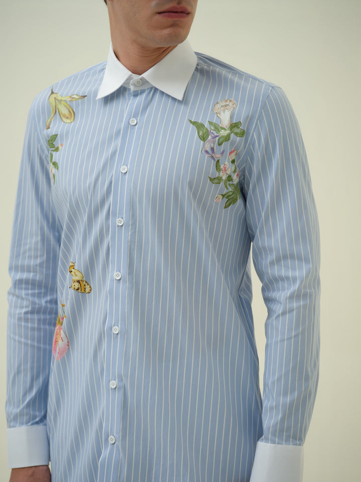 Bloom Moth - Blue Stripe Hand Painted Shirt