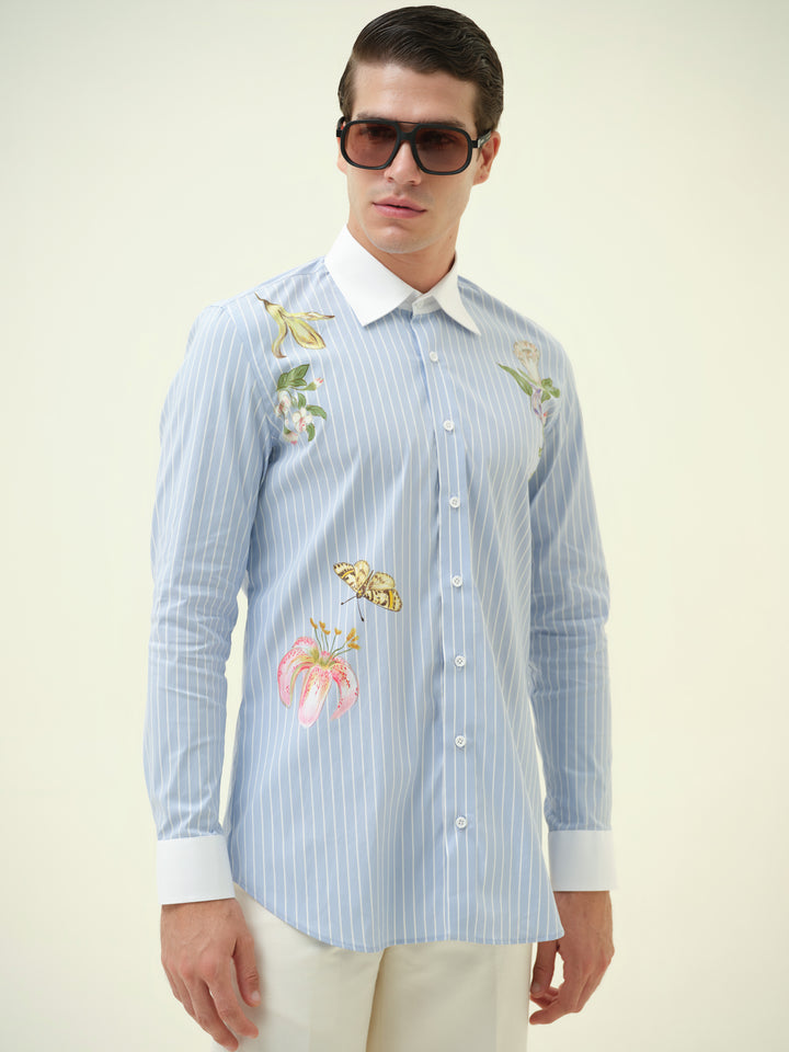 Bloom Moth - Blue Stripe Hand Painted Shirt