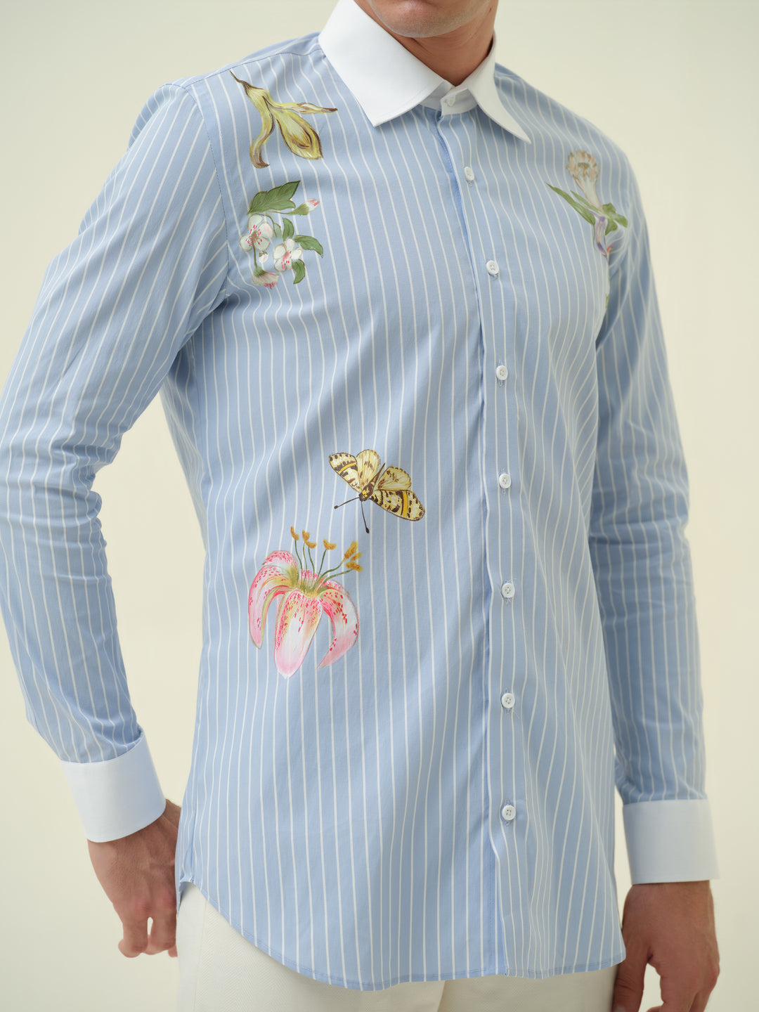 Bloom Moth - Blue Stripe Hand Painted Shirt