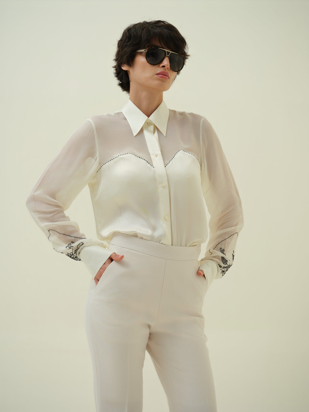 Varna - Ivory Floral Stitch Shirt