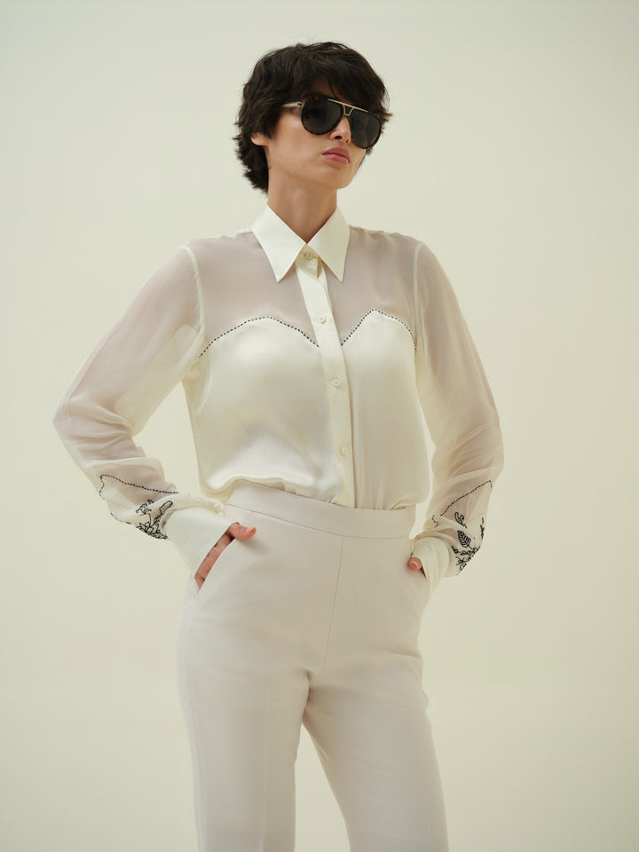 Varna - Ivory Floral Stitch Shirt