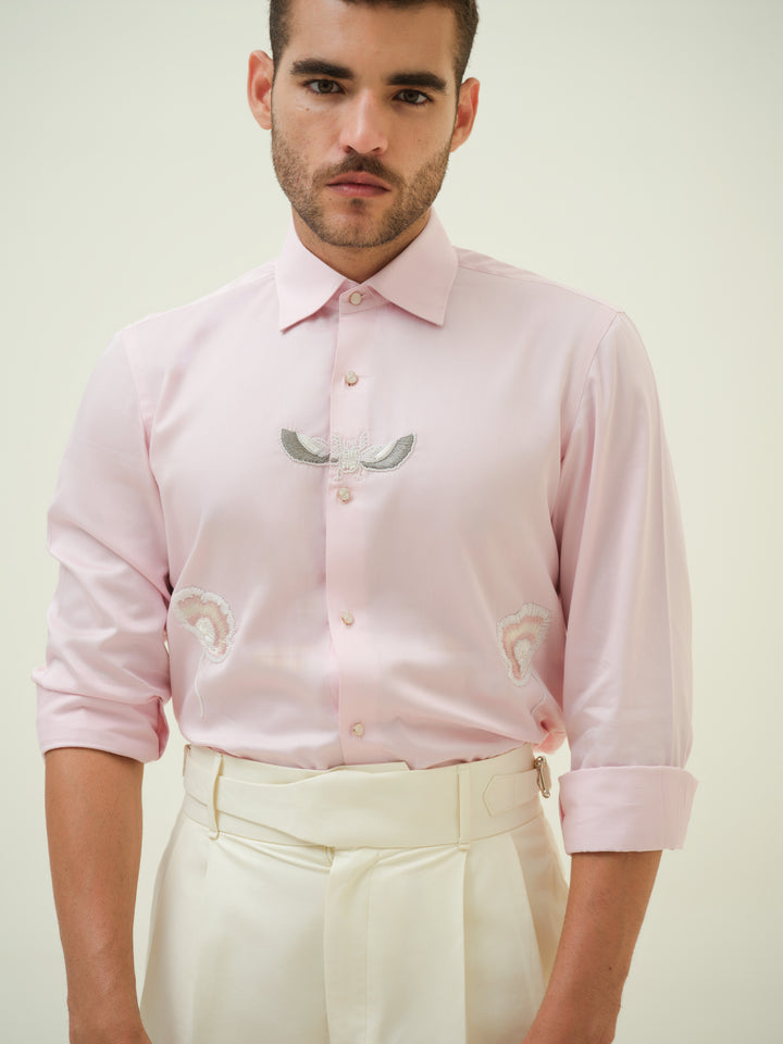Bug And Flower - Pink Hand Embroidered Shirt