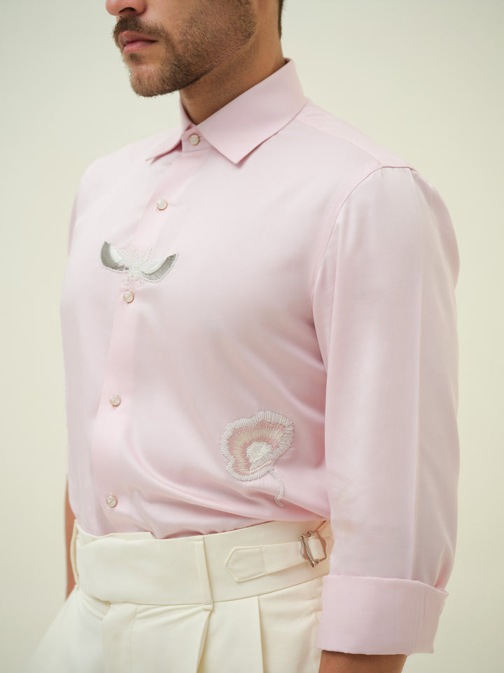 Bug And Flower - Pink Hand Embroidered Shirt