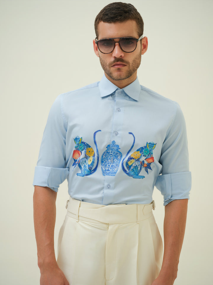 Monkeys and Jar - Blue Hand Painted Shirt