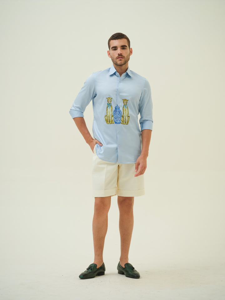 Leapords and Jar - Blue Hand Painted Shirt