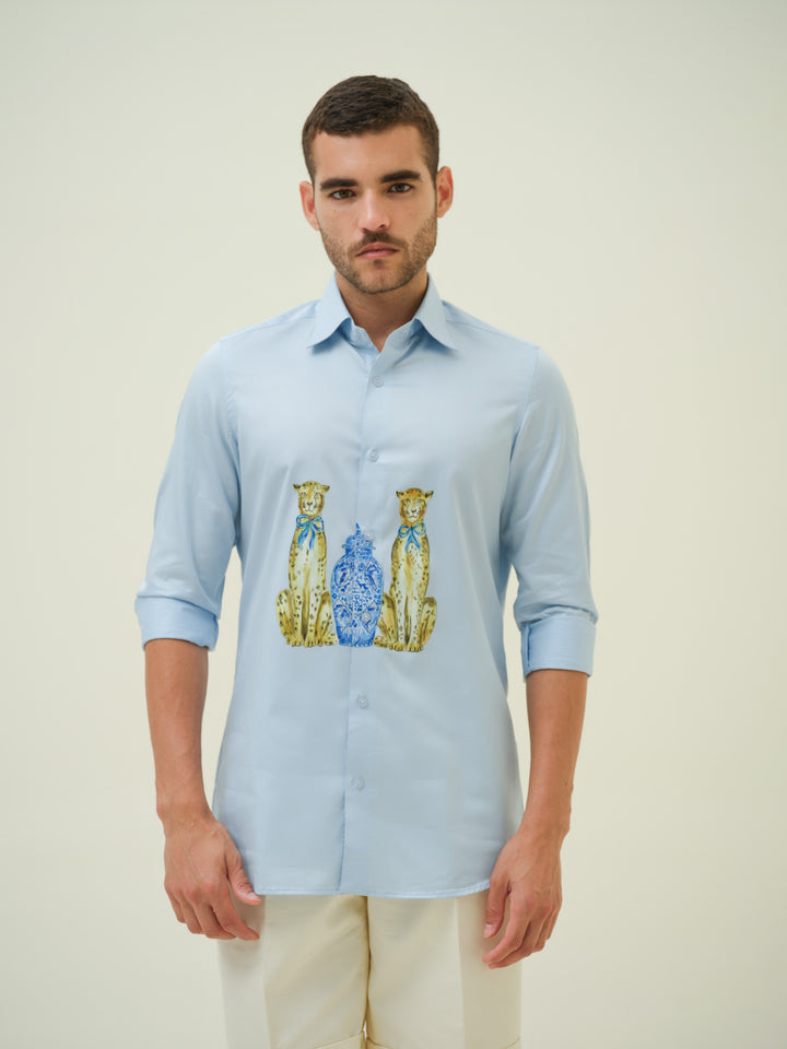Leapords and Jar - Blue Hand Painted Shirt