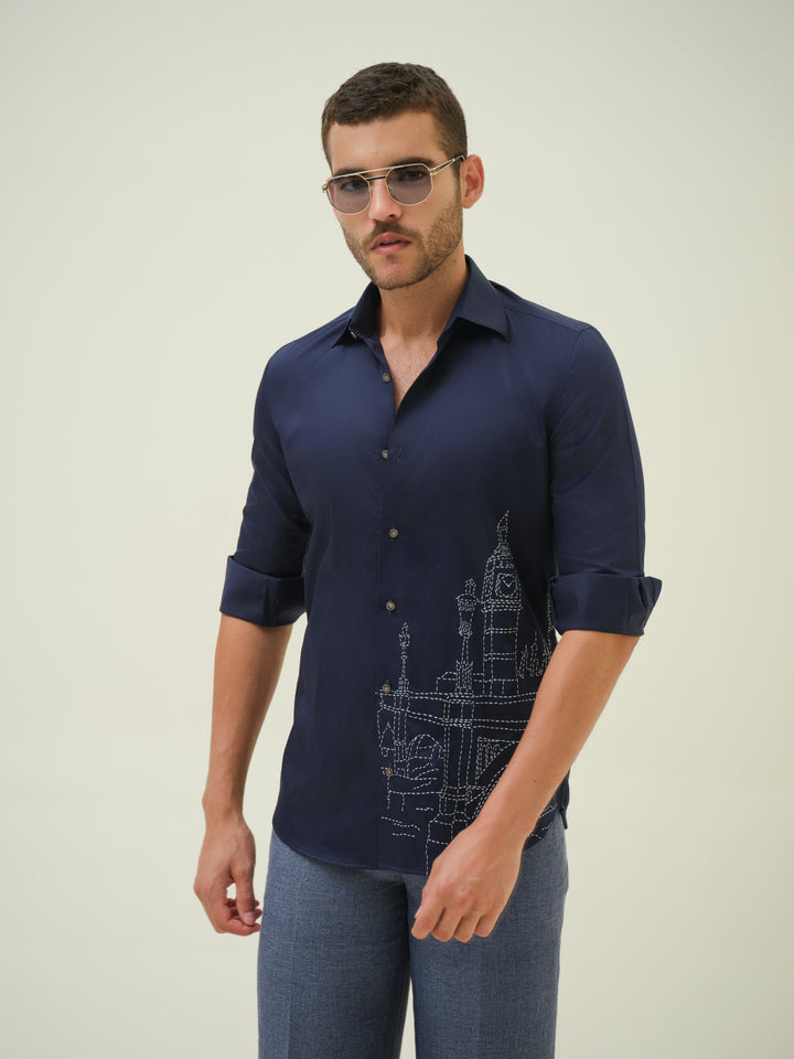 London Cityscape - Blue Embroidered Shirt