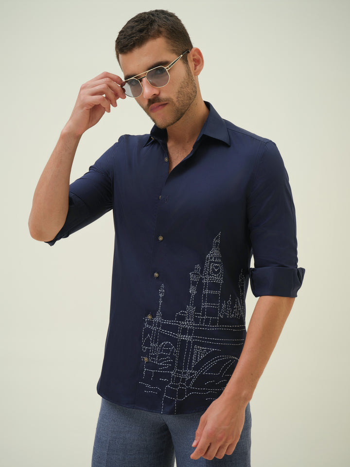 London Cityscape - Blue Embroidered Shirt