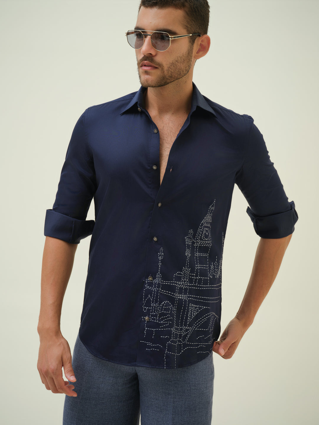 London Cityscape - Blue Embroidered Shirt