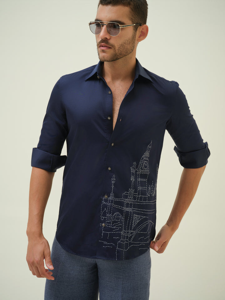 London Cityscape - Blue Embroidered Shirt