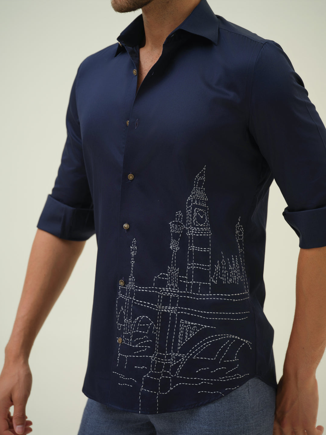 London Cityscape - Blue Embroidered Shirt
