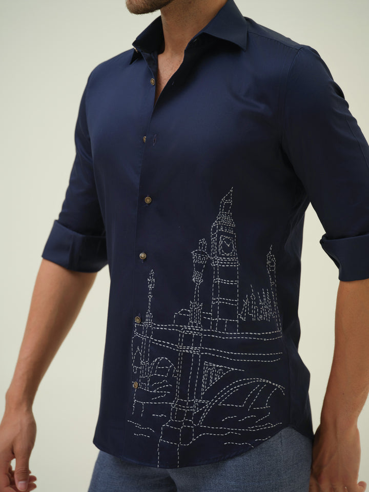 London Cityscape - Blue Embroidered Shirt