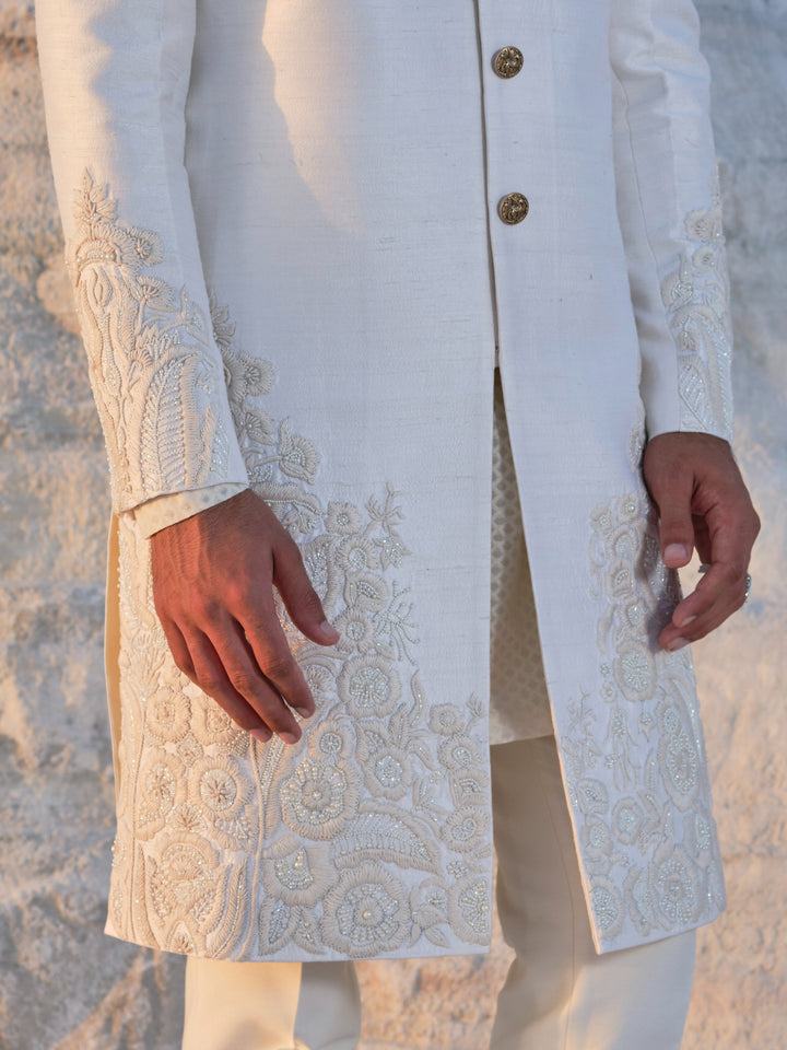 Jade - Ivory Tonal Sherwani with Pleated stole