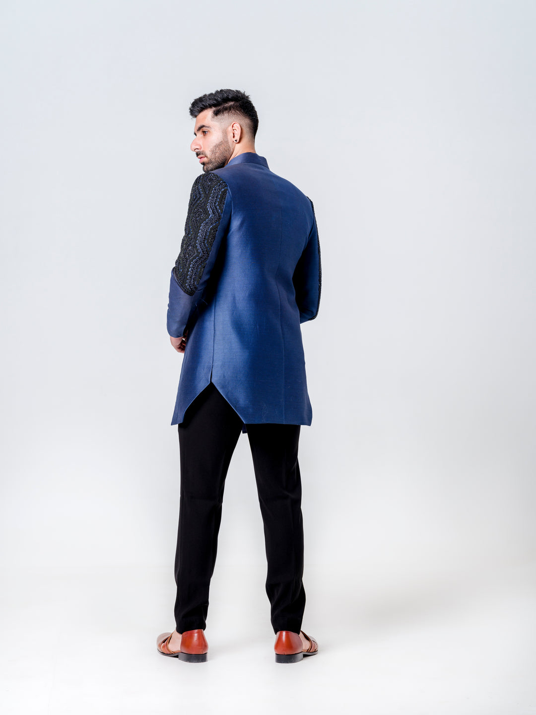 LONG OPEN JACKET ATTACHED NEHRU JACKET PAIRED WITH KURTA AND TROUSERS