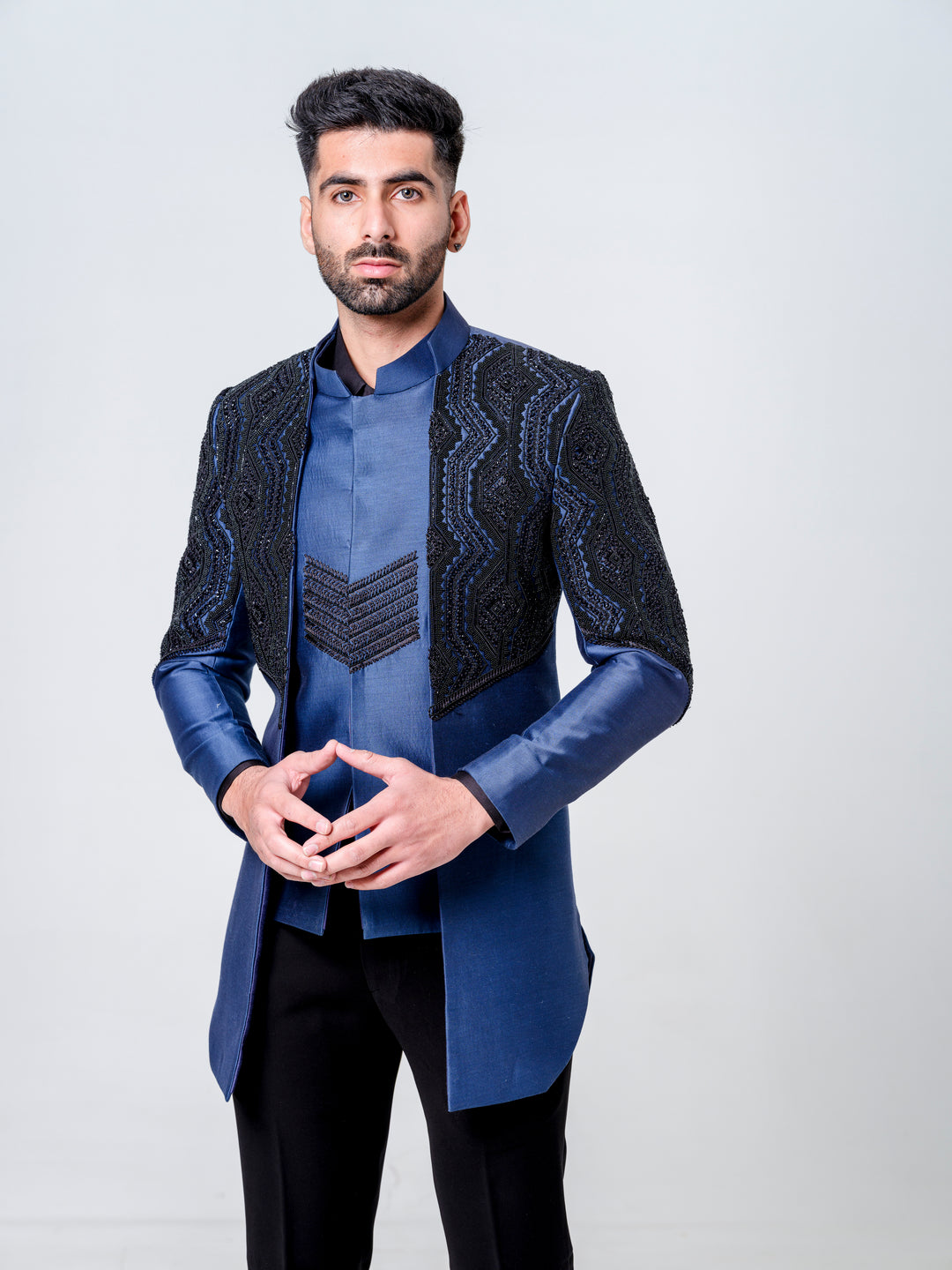 LONG OPEN JACKET ATTACHED NEHRU JACKET PAIRED WITH KURTA AND TROUSERS