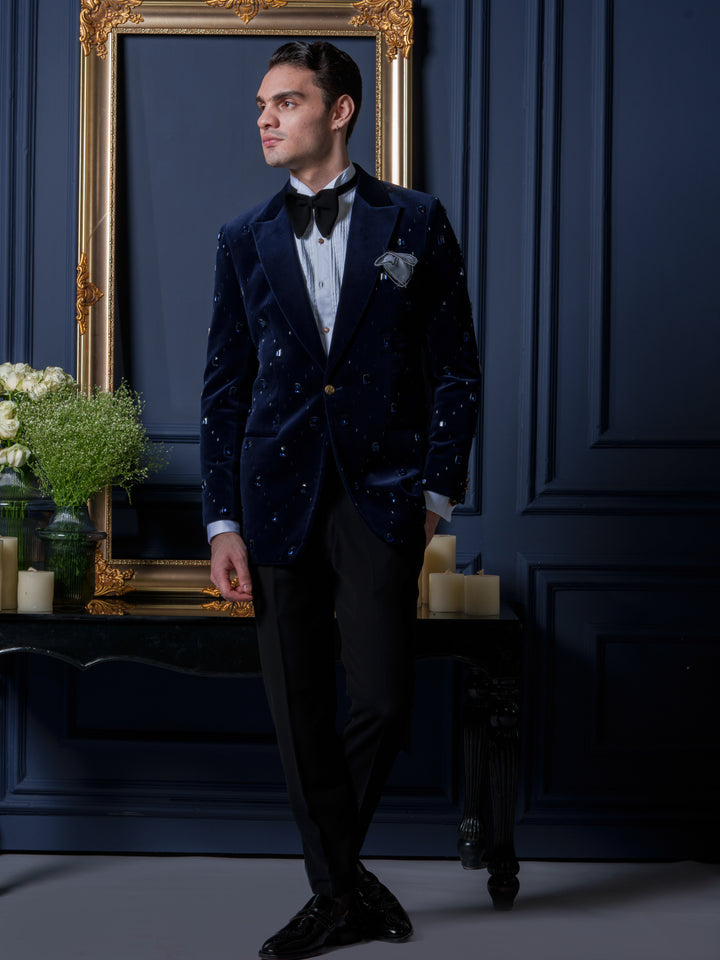 Royal Blue Velvet Studded Tuxedo Set