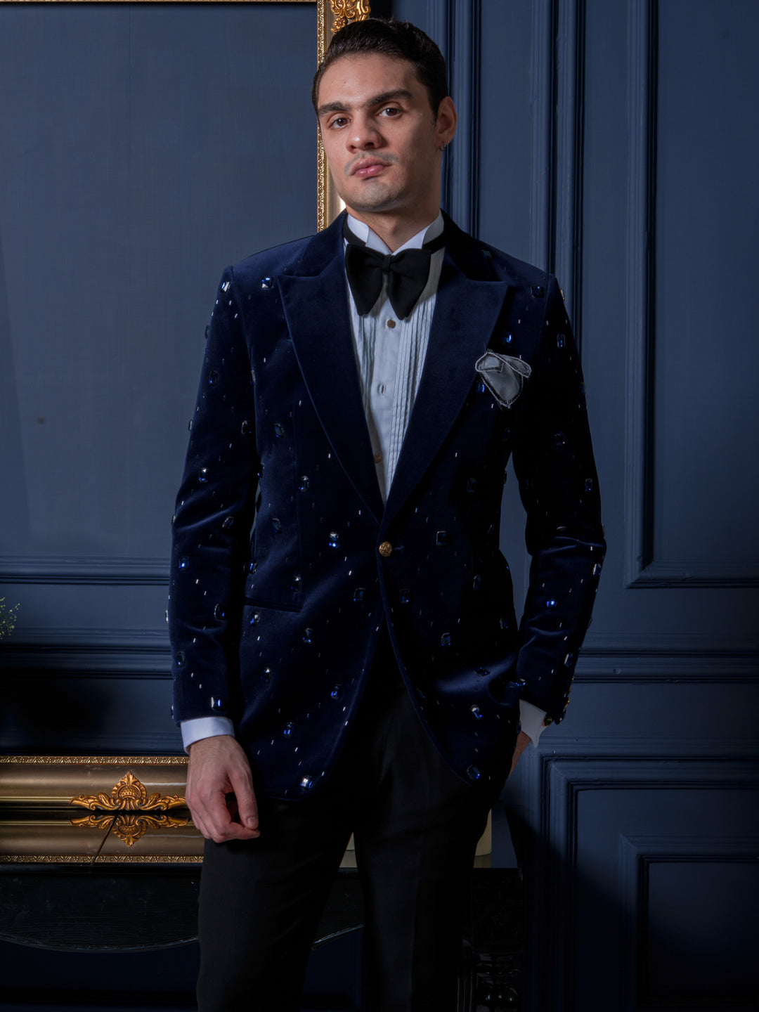 Royal Blue Velvet Studded Tuxedo Set