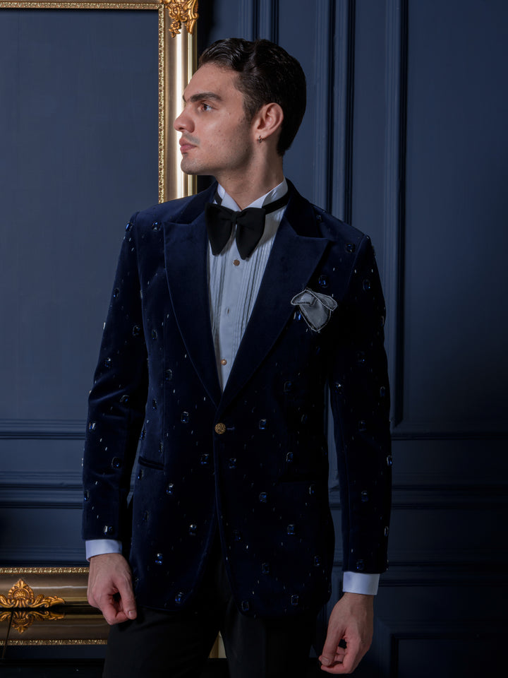 Royal Blue Velvet Studded Tuxedo Set