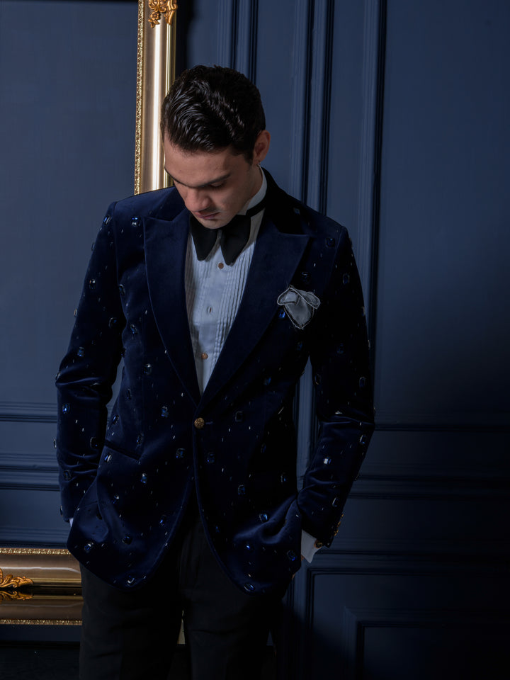 Royal Blue Velvet Studded Tuxedo Set