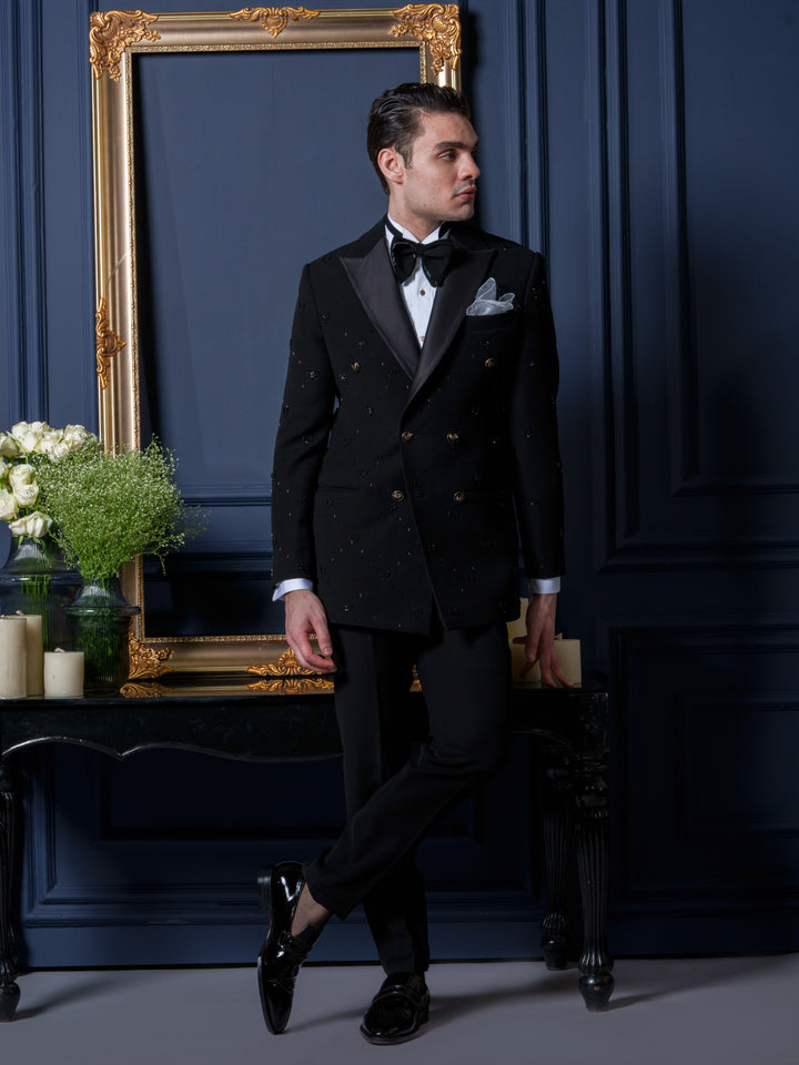 Black Japanese Peak Notch Double-Breasted Tuxedo Set