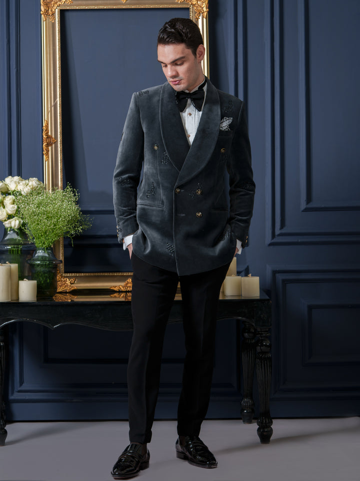 Grey Velvet  Shawl Collar Tuxedo Set