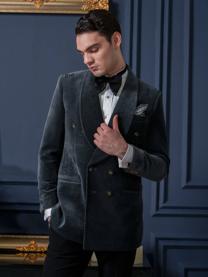 Grey Velvet  Shawl Collar Tuxedo Set