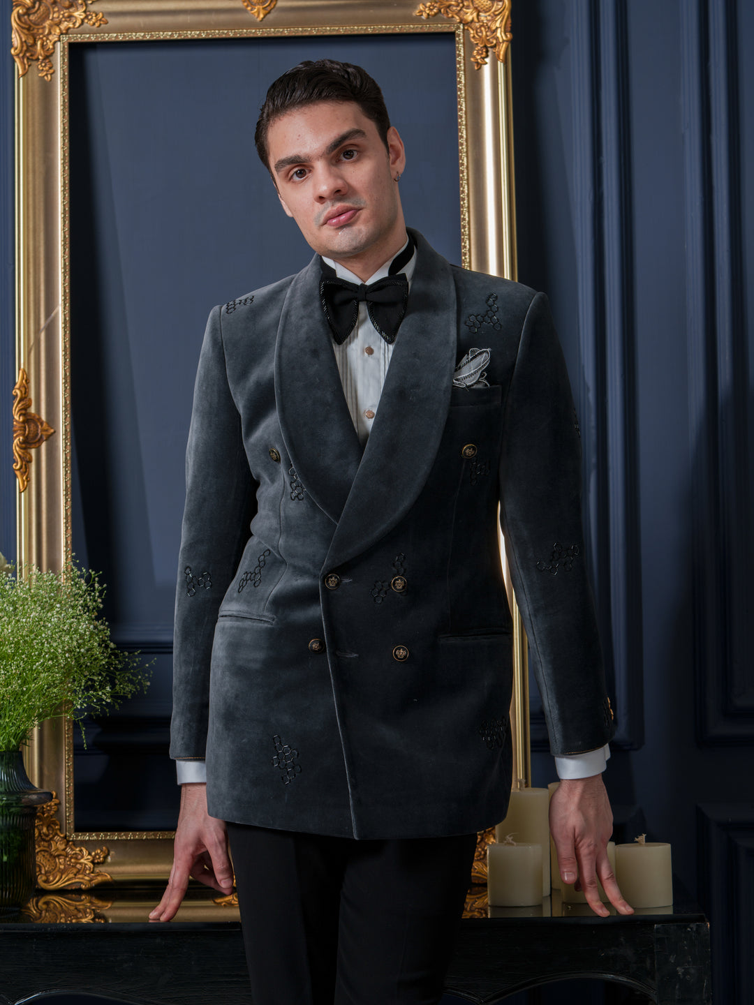 Grey Velvet  Shawl Collar Tuxedo Set