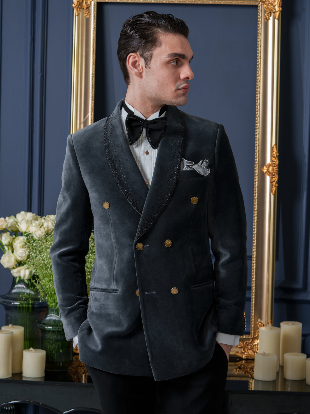 Grey Shawl Collar Tuxedo Set