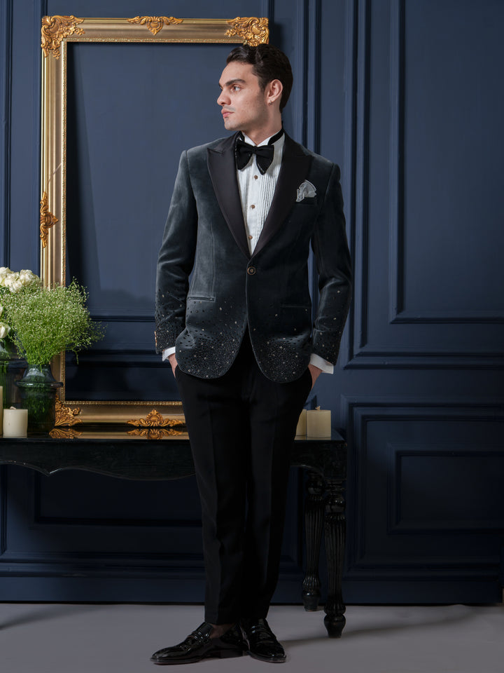 Grey Velvet Cutpipes Tuxedo Set