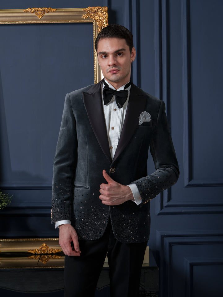 Grey Velvet Cutpipes Tuxedo Set