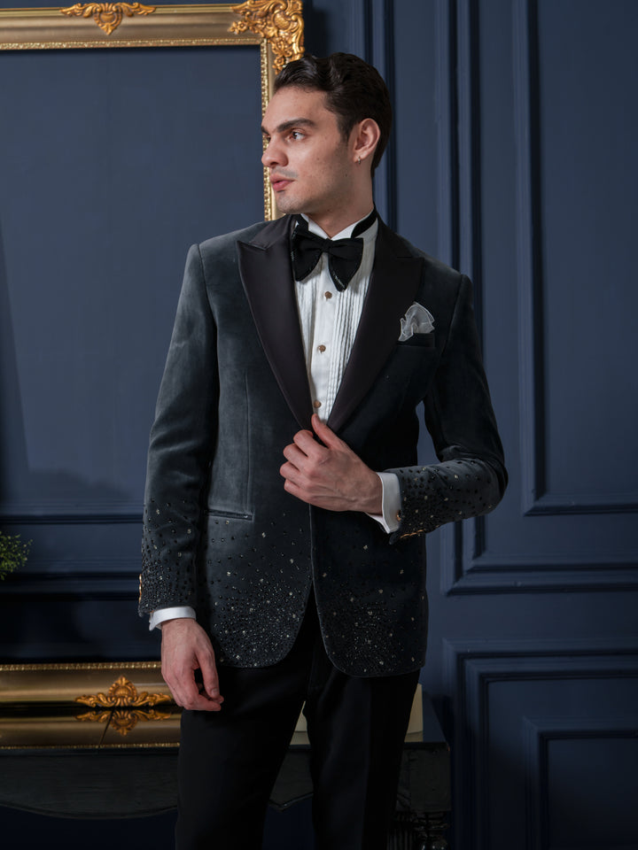 Grey Velvet Cutpipes Tuxedo Set