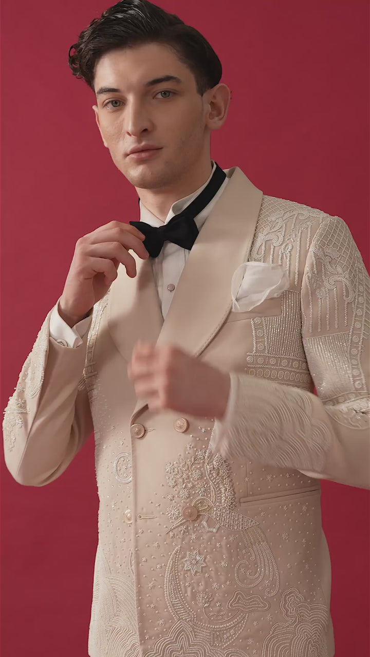 IVORY HAND EMBROIDERD TUXEDO WITH SHAWL LAPEL